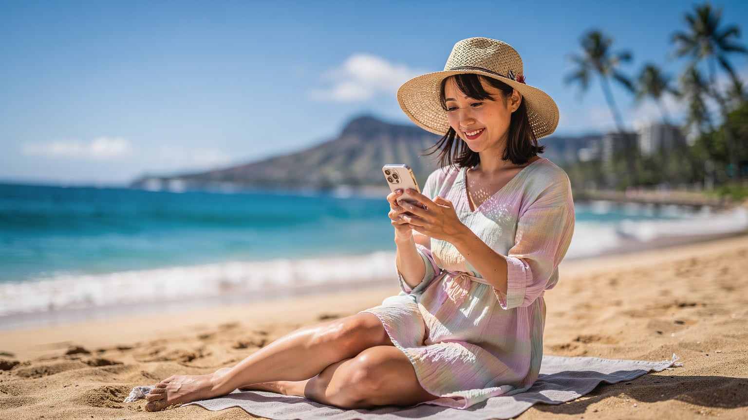 ハワイのワイキキビーチで、スマートフォンを片手に家族と連絡を取りながらリラックスしている日本人女性。背後には青い海とヤシの木が広がる。