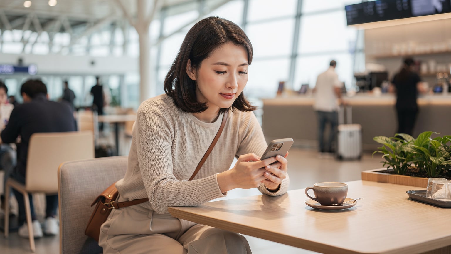 空港に到着後、スマートフォンでeSIMの設定を最終確認する日本人女性旅行者。彼女は快適な通信環境をすぐに利用できることに安堵している様子。