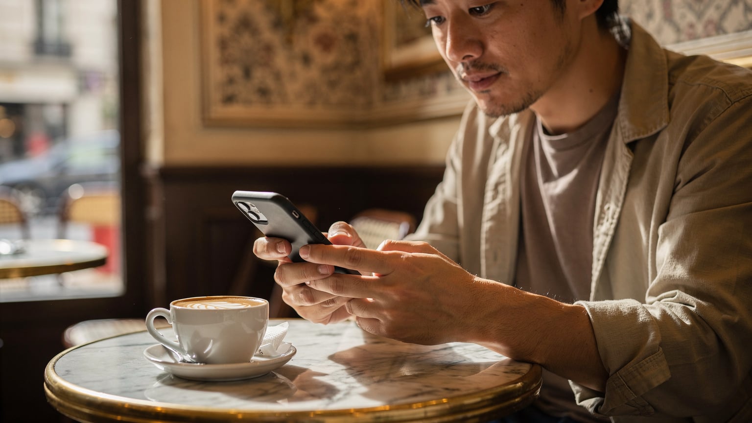 パリのカフェで、ラテを飲みながらスマートフォンでeSIMに関するよくある質問を調べている日本人男性旅行者。旅の準備を抜かりなく進める様子。
