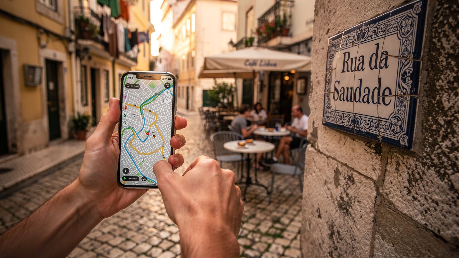 Mão segurando um iPhone com mapa de Lisboa na tela, apontando para uma placa de rua em azulejo português perto de um café