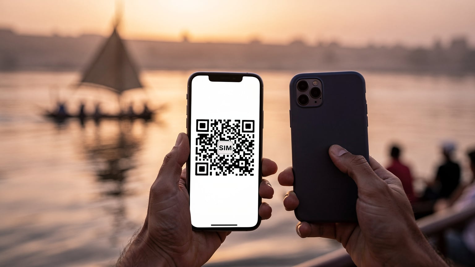 Manos de un viajero escaneando un código QR en su teléfono para activar una eSIM, con el Nilo y un felucca en el fondo.