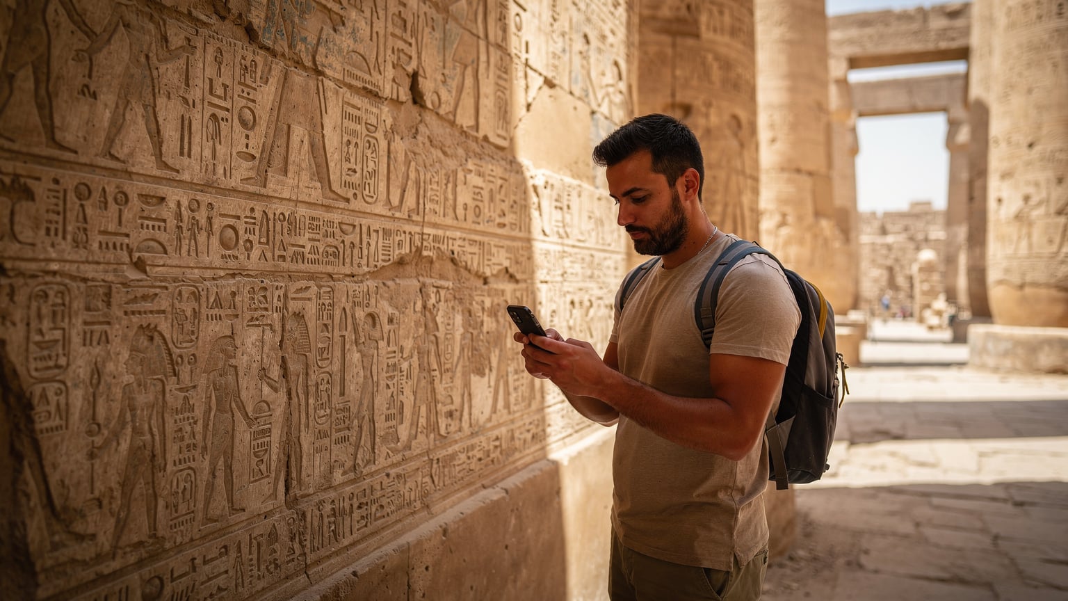 Un viajero consulta un mapa digital en su teléfono, apoyado en una pared de jeroglíficos en el Templo de Karnak, Lúxor.
