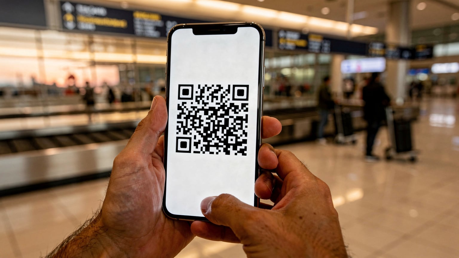 Un viajero en el Aeropuerto de El Cairo activa su eSIM con un código QR, mostrando la facilidad de conexión al llegar.