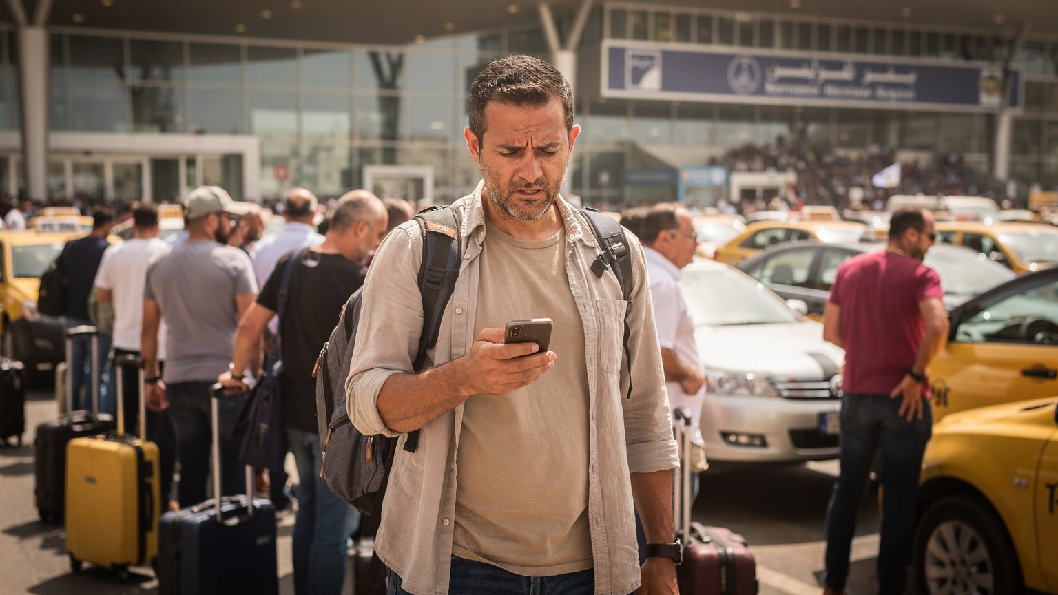 Un viajero frustrado en la fila de taxis del Aeropuerto de El Cairo, mirando su teléfono con una expresión de preocupación por la falta de conexión.