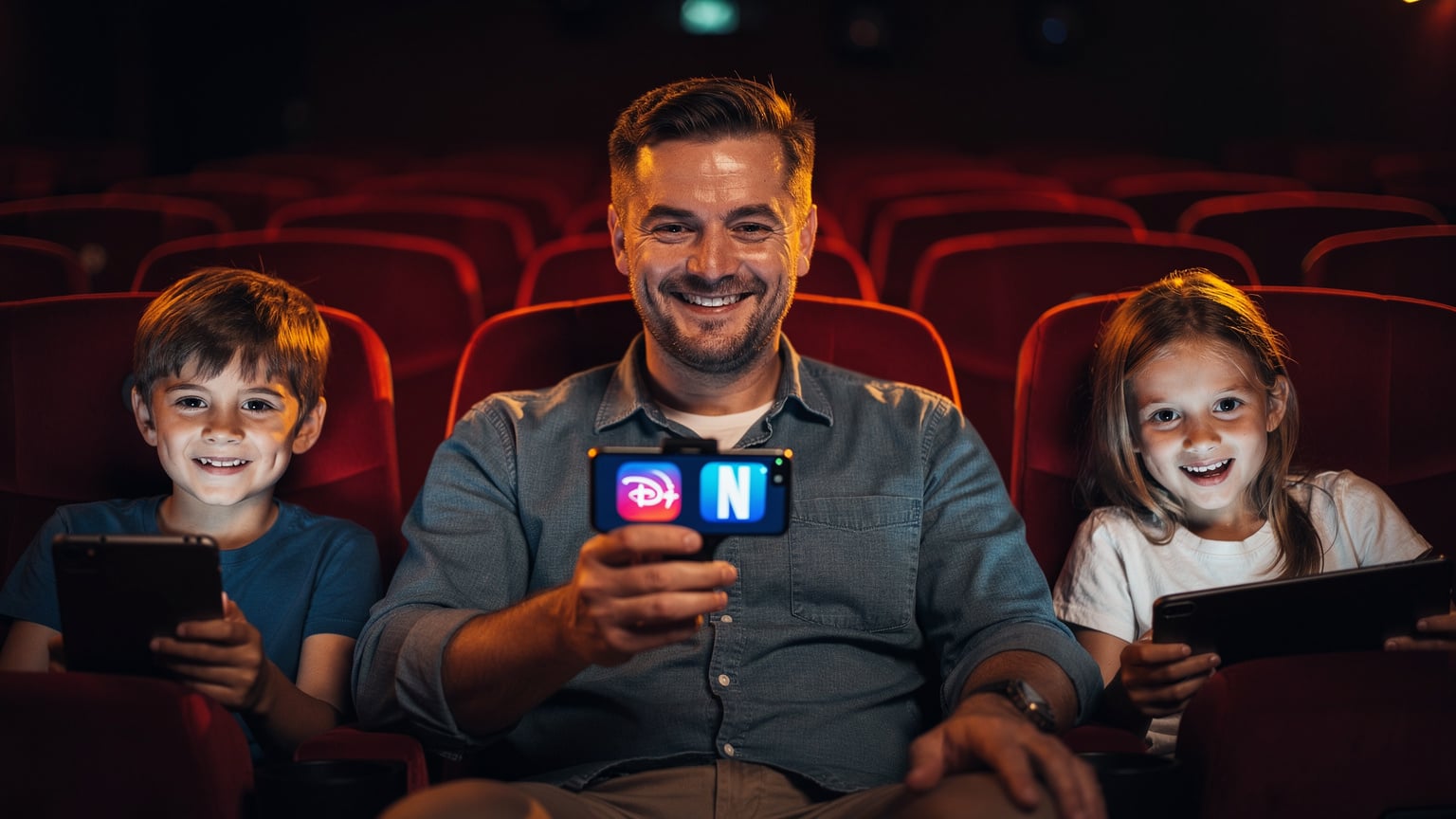 Seorang ayah dengan senyum hangat memegang iPhone-nya, layar menampilkan ikon aplikasi streaming Disney+ dan Netflix, sementara di sampingnya, kedua anaknya yang berusia sekitar 7 dan 10 tahun asyik menonton sesuatu di perangkat mereka sendiri, di dalam suasana bioskop yang nyaman dengan cahaya redup.