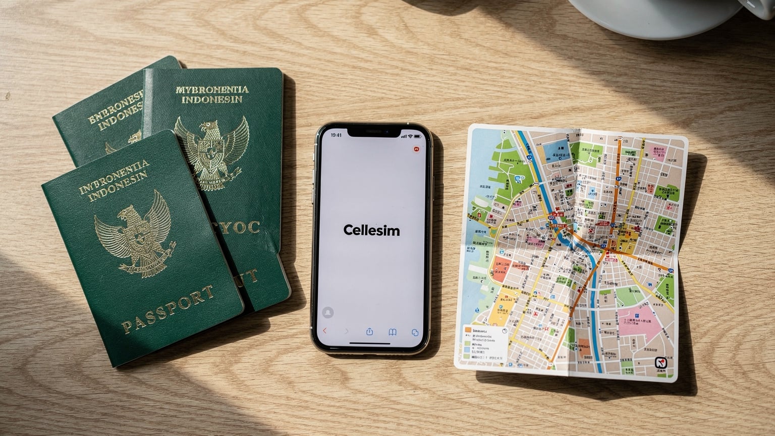 Tiga paspor Indonesia, sebuah iPhone dengan aplikasi Cellesim terbuka di layar, dan selembar peta wisata kota Tokyo tergeletak rapi di atas meja kayu di sebuah kafe minimalis di Jakarta, menggambarkan persiapan perjalanan yang cermat.