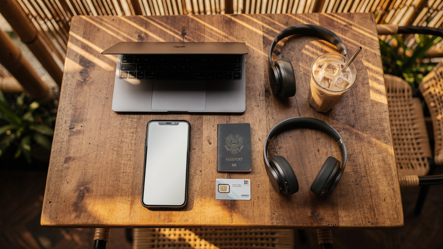 An overhead flat-lay of a digital nomad's desk in a cafe in Canggu, Bali. Items include a Cellesim-enabled smartphone, a laptop, a passport, a cup of iced coffee, and a local SIM card (unactivated) as a comparison.