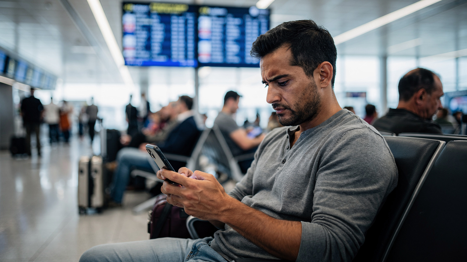 A traveler at a busy airport gate, looking at their phone screen with a slightly frustrated expression, possibly trying to troubleshoot an eSIM connectivity issue.