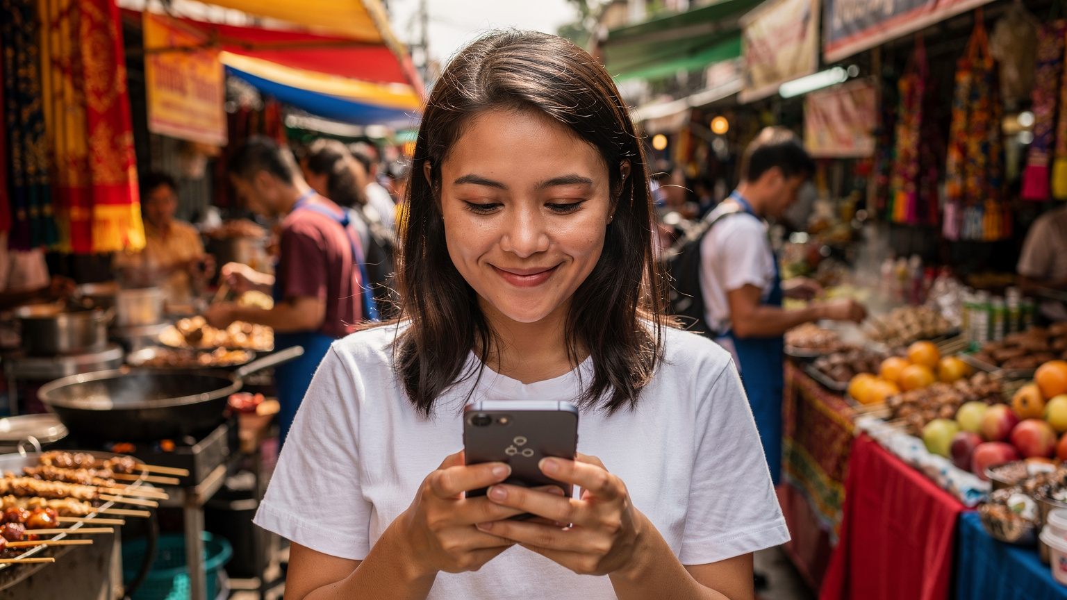 A traveler in a bustling, vibrant street market in Southeast Asia, holding their phone with a successful eSIM activation message, looking relieved as they navigate through the crowd.