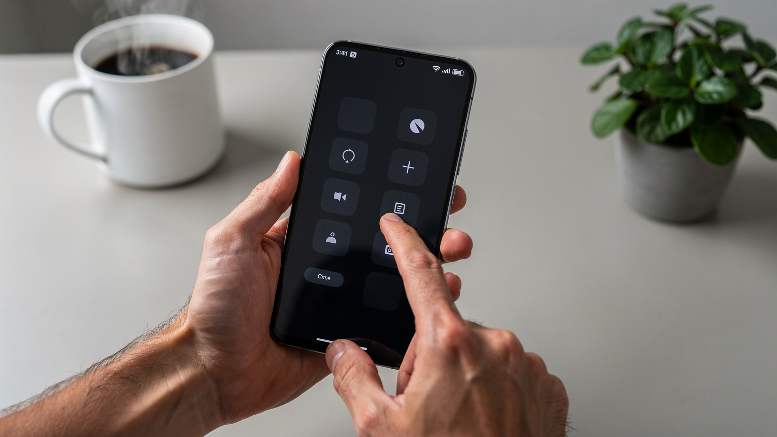 O mână elegantă ține un telefon Xiaomi 17 deschis la meniul de setări, cu degetul mare pe ecran, indicând opțiunea eSIM. Fundalul este un birou modern, bine iluminat, cu o cană de cafea aburindă și o plantă mică, într-o lumină blândă de interior, stil Wirecutter.