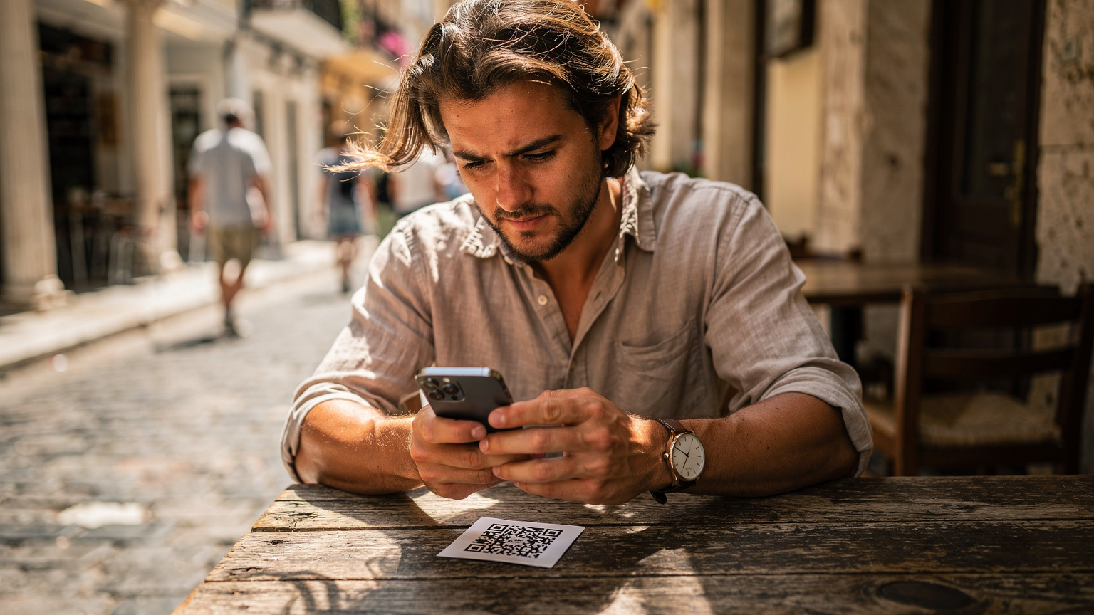 Un călător, cu expresie calmă, ține un Xiaomi 17 și scanează un cod QR de pe un print, într-o cafenea însorită din cartierul Plaka din Atena. Detaliile arhitecturale grecești clasice sunt vizibile în fundalul blurat, cu lumina puternică de amiază filtrată prin obloane.