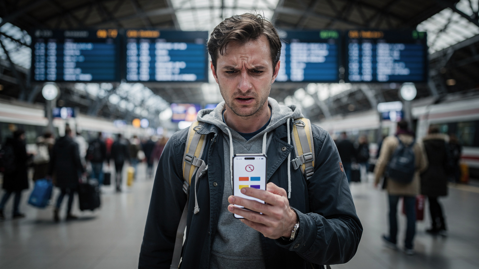 Un călător cu un rucsac ușor arată o expresie de frustrare în timp ce privește ecranul telefonului Xiaomi 17, care afișează un mesaj de eroare sau lipsă semnal, într-o gară aglomerată din centrul orașului. Fundalul include indicatoare de tren și oameni în mișcare, cu lumina rece, artificială, specifică spațiilor interioare mari.