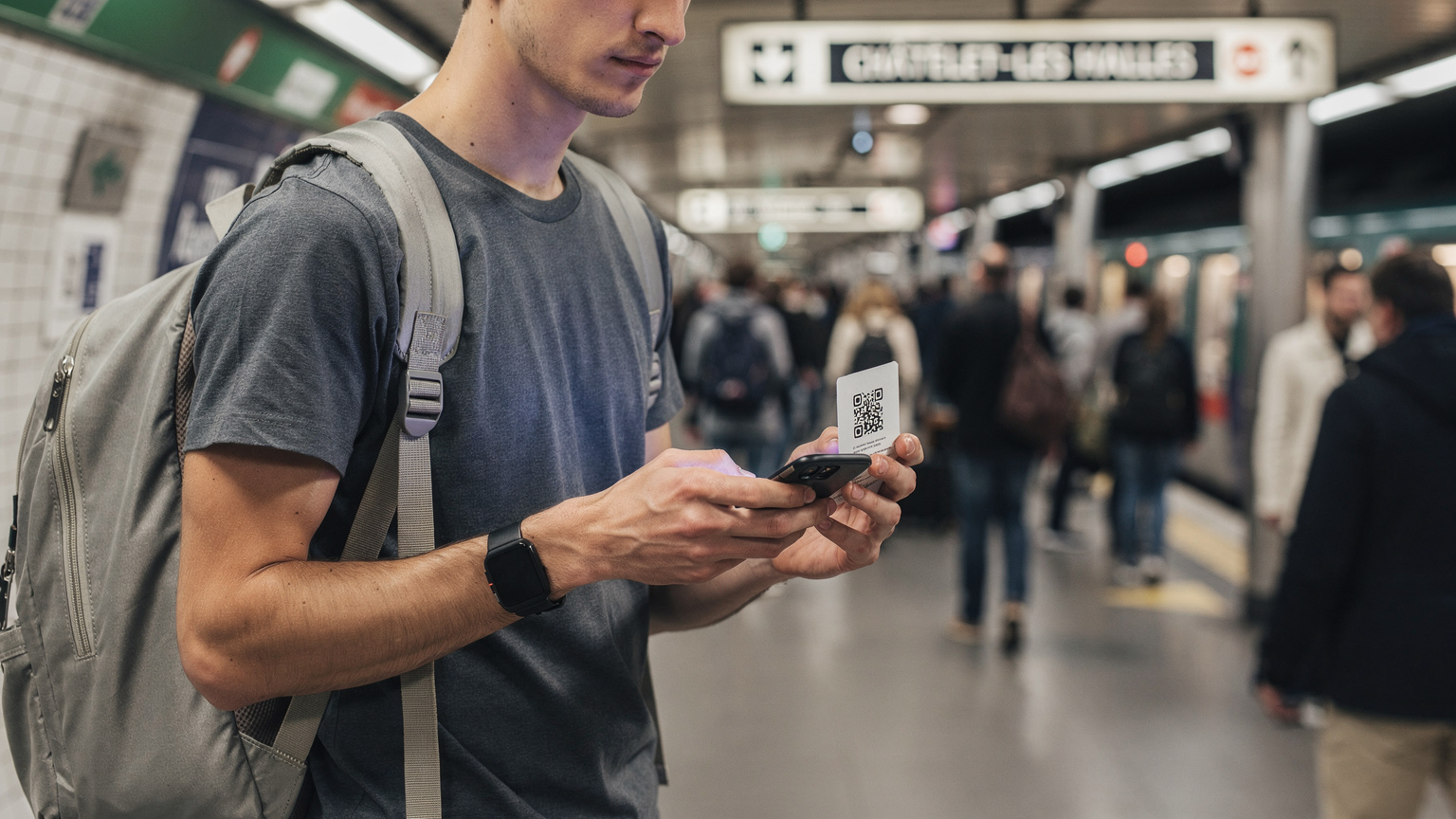 Un viaggiatore italiano con il suo smartphone sta scansionando un QR code per attivare la sua eSIM mentre si trova nella stazione della metropolitana di Châtelet-Les Halles, a Parigi, circondato da pendolari.