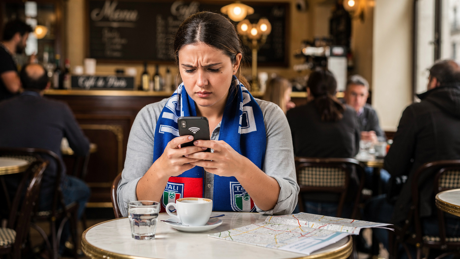 Una donna con la sciarpa dell'Italia consulta il suo smartphone per trovare il percorso più veloce verso lo Stade de France, mentre è seduta in un affollato caffè parigino con un segnale Wi-Fi debole.