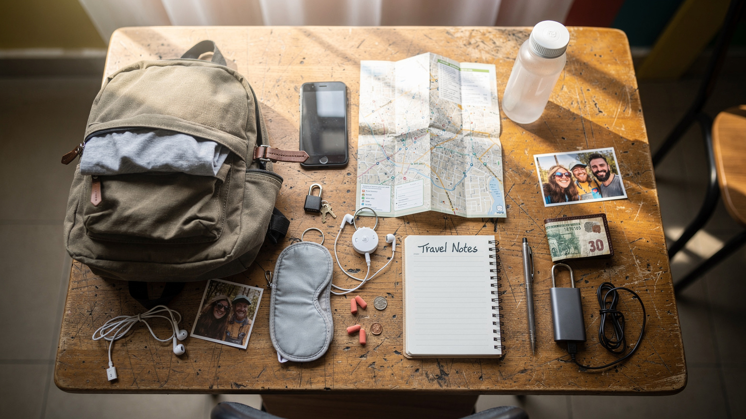 An overhead flat-lay of travel essentials on a hostel common room table: a passport, a smartphone with a Cellesim app open (blurred), wired headphones, a printout of a map of Yellowstone National Park, and a reusable water bottle.