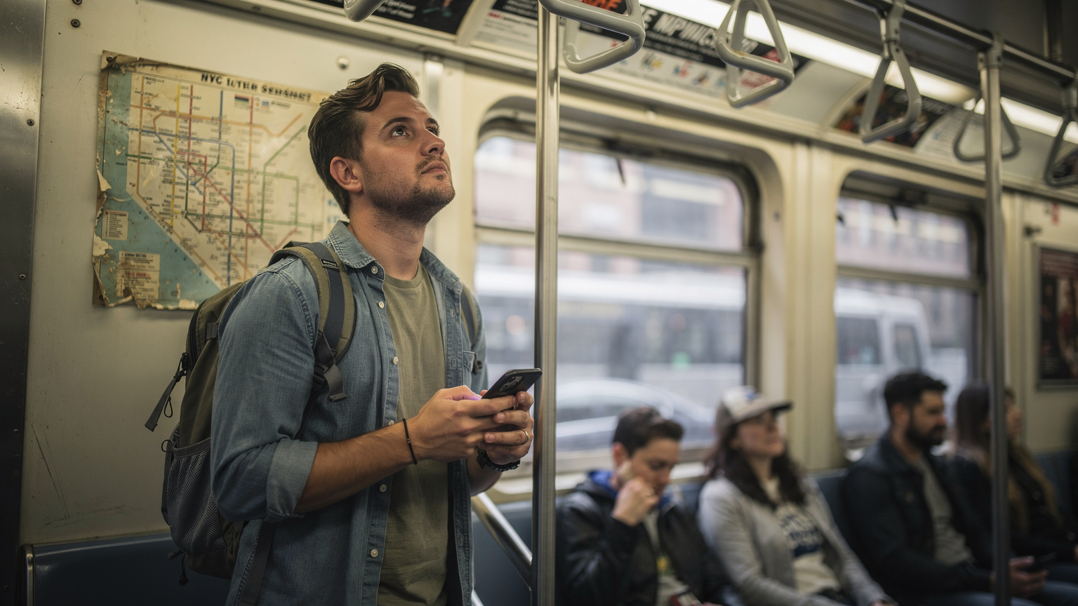 A traveler uses their phone to navigate a subway map inside a New York City subway car, looking up from the screen to verify their route.