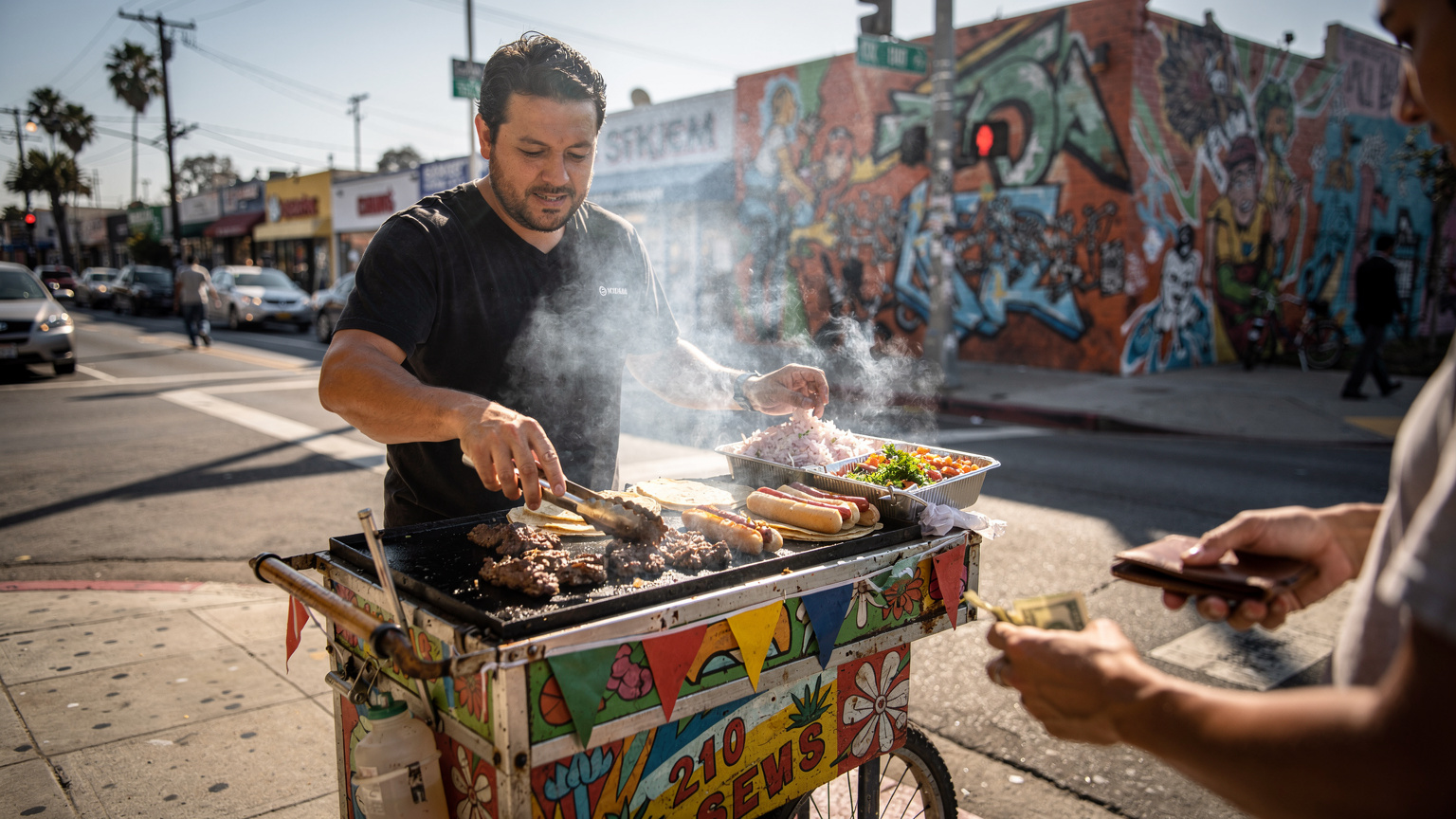 A street food vendor in Los Angeles serves a customer, with vibrant colors and steam rising from the grill, capturing a culturally specific moment of daily life.