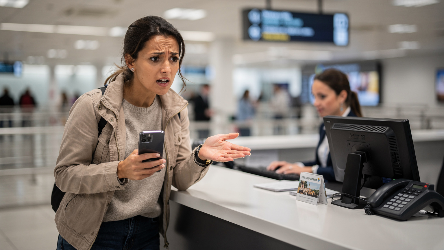 Une femme perplexe tenant son iPhone, cherchant de l'aide auprès d'un comptoir de service client dans un aéroport animé, symbolisant un problème de connectivité.