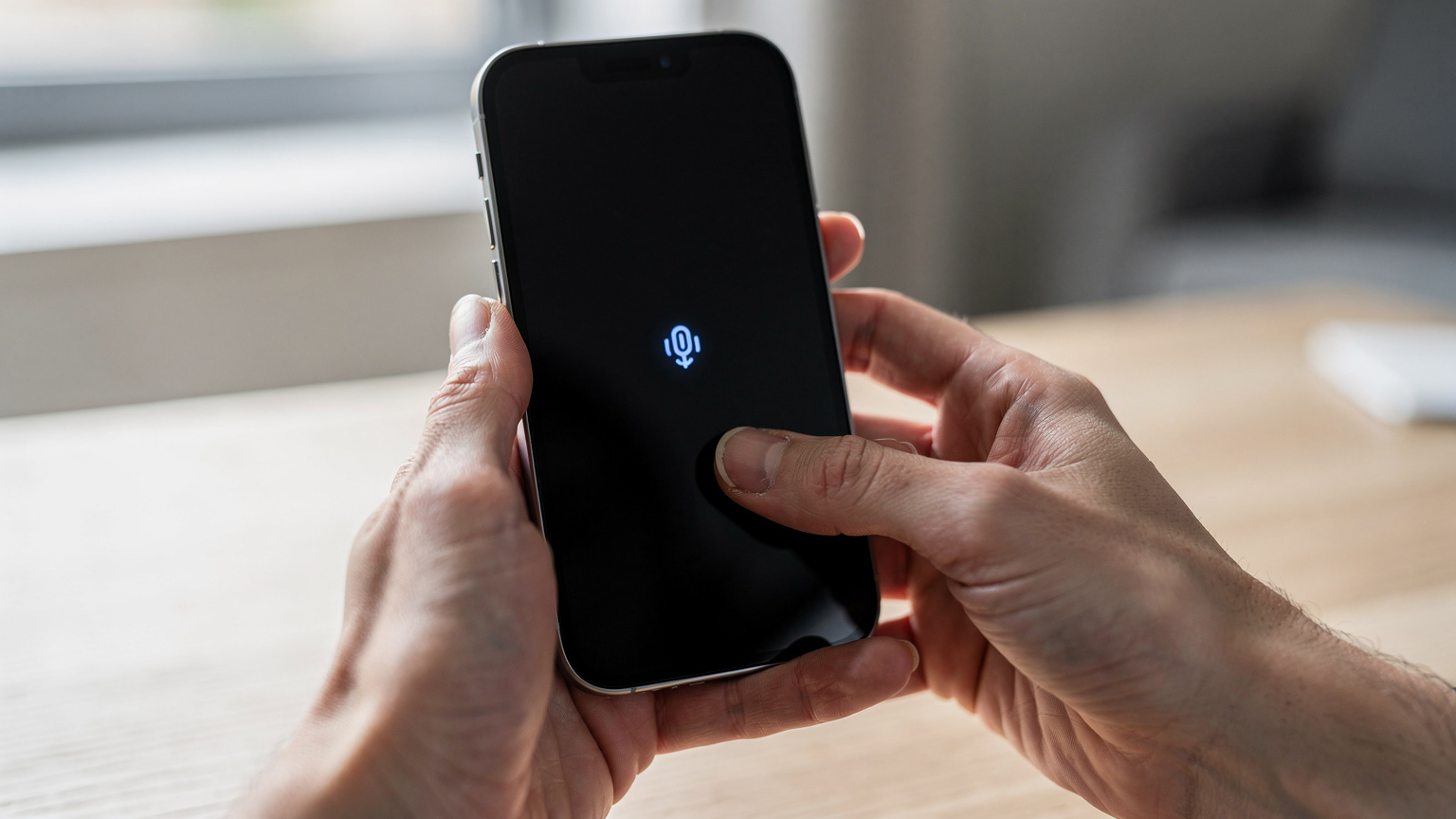 Gros plan sur des mains utilisant un iPhone pour naviguer dans les réglages de données cellulaires, avec l'option eSIM clairement visible à l'écran, le tout dans un environnement lumineux et moderne.