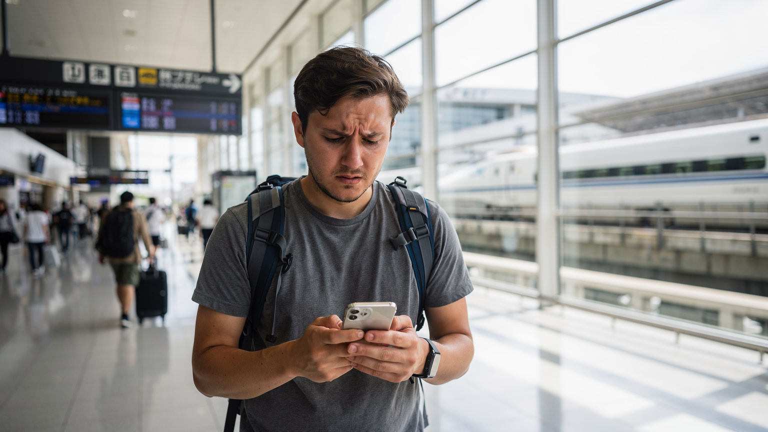 Un voyageur vérifiant son iPhone après l'atterrissage à l'aéroport international de Narita à Tokyo, avec des panneaux d'information en japonais en arrière-plan et des trains JR East circulant sur les voies.