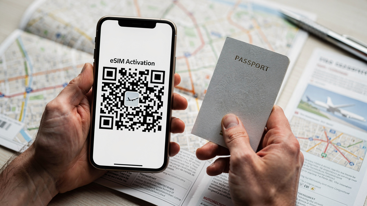 Un primo piano delle mani di una persona che tiene uno smartphone e un passaporto, con un codice QR per l'attivazione dell'eSIM visibile sullo schermo del telefono, in un contesto di viaggio.