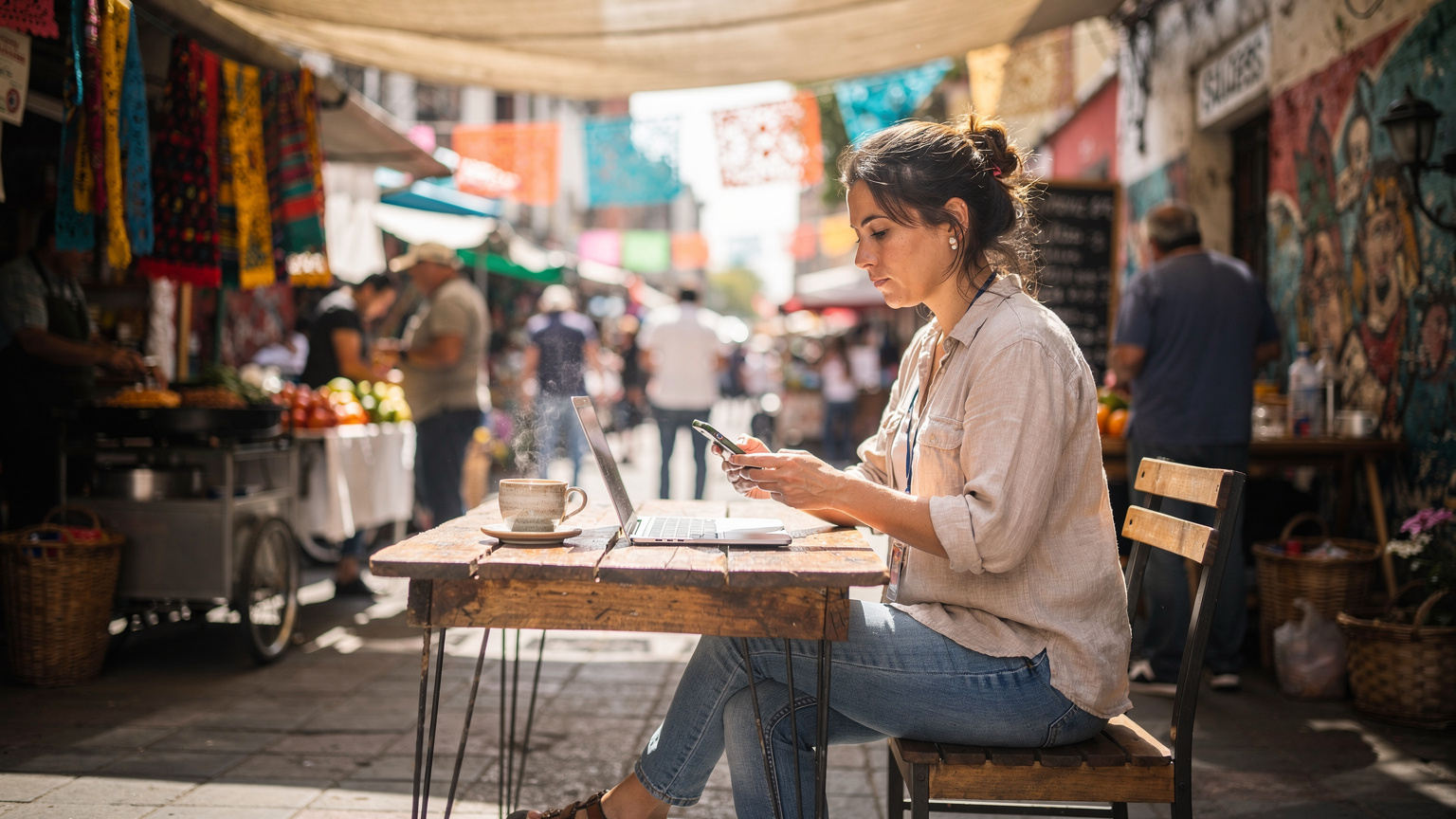 Un traveler è seduto al tavolo di un vivace mercato di strada a Città del Messico, con un caffè e un laptop aperto. Sta usando il suo smartphone per controllare la connessione, con i colori vivaci e l'atmosfera autentica del mercato sullo sfondo.