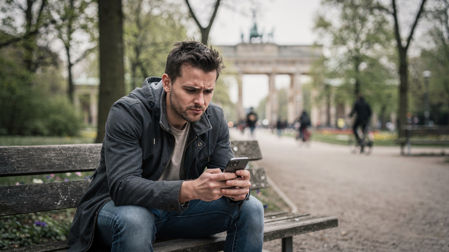 Un traveler seduto su una panchina in un parco di Berlino, con lo sguardo pensieroso mentre guarda il suo telefono, probabilmente alle prese con problemi di connessione o costi di roaming, con un edificio storico sullo sfondo.