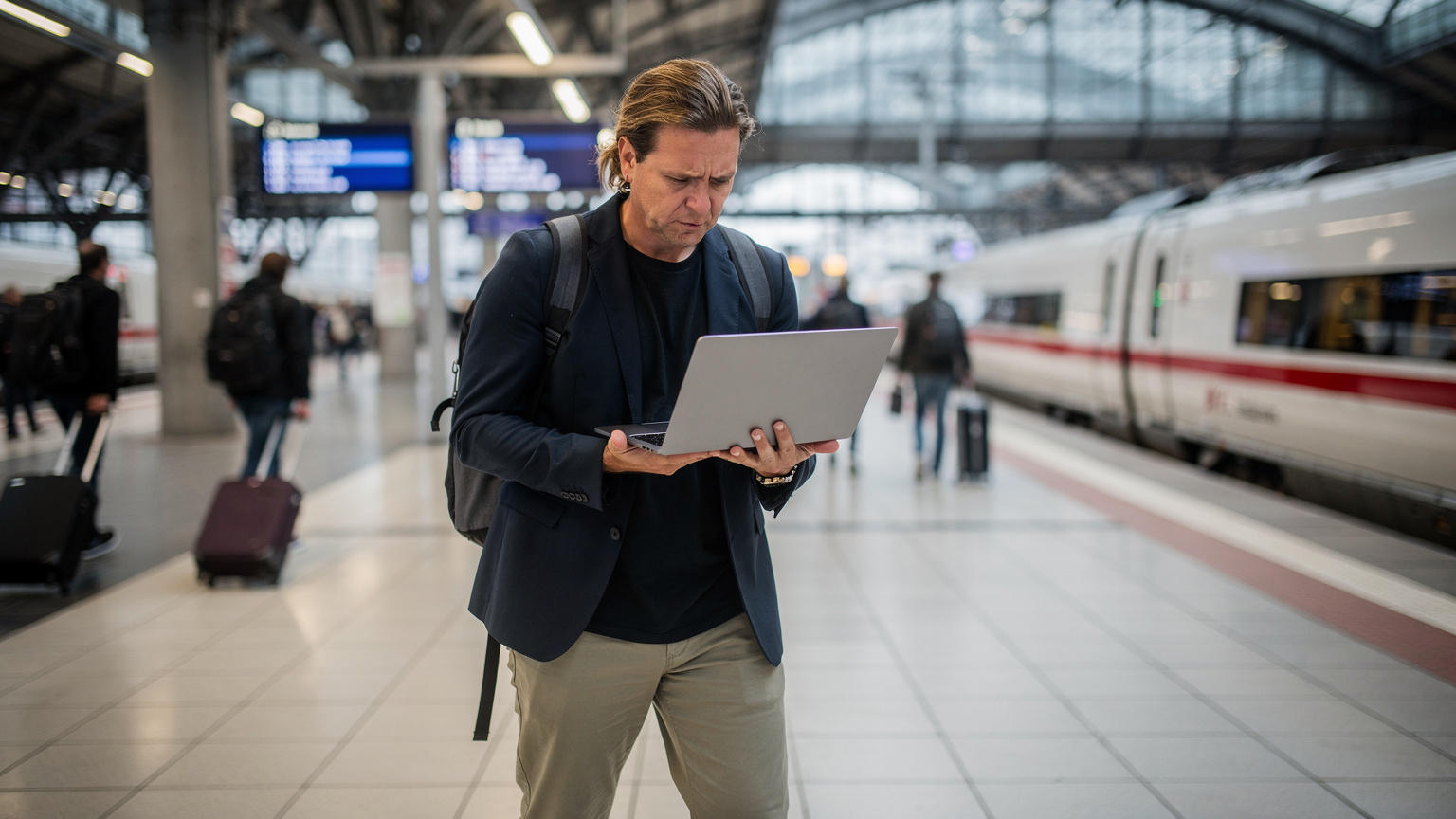 A frustrated traveler, mid-30s, looking at their laptop screen with concern, showing a 'no internet connection' error, while sitting on a bustling train platform in Berlin Hauptbahnhof, with a high-speed ICE train in the background.