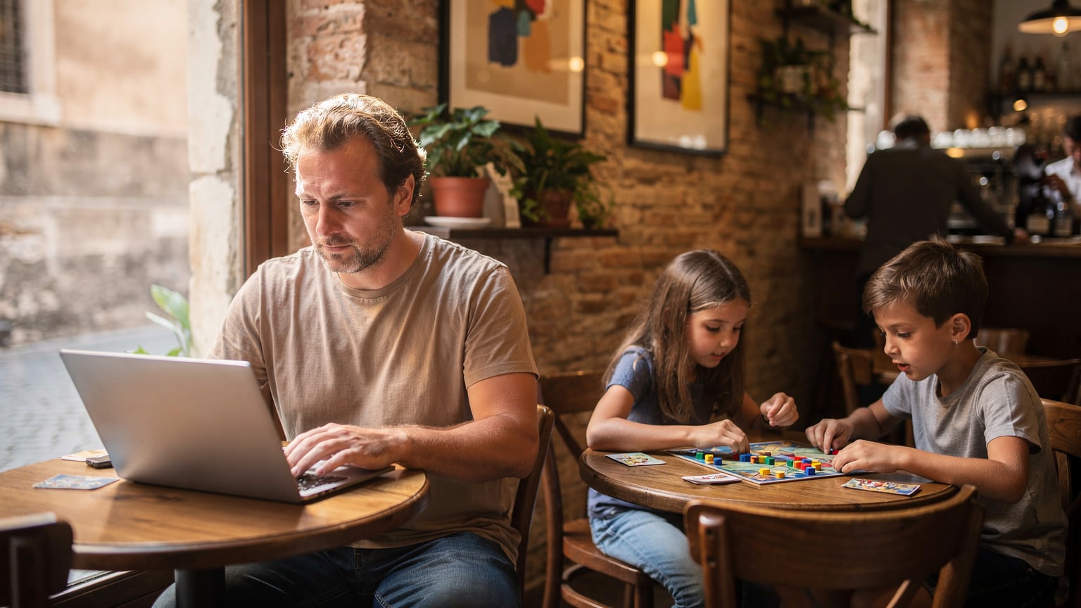 A focused father, late 30s, working on a sleek silver laptop in a cozy, sunlit cafe in Rome's Trastevere neighborhood, with his two children (aged 7 and 9) happily playing a board game at an adjacent small table, oblivious to the laptop, illustrating balanced family travel.