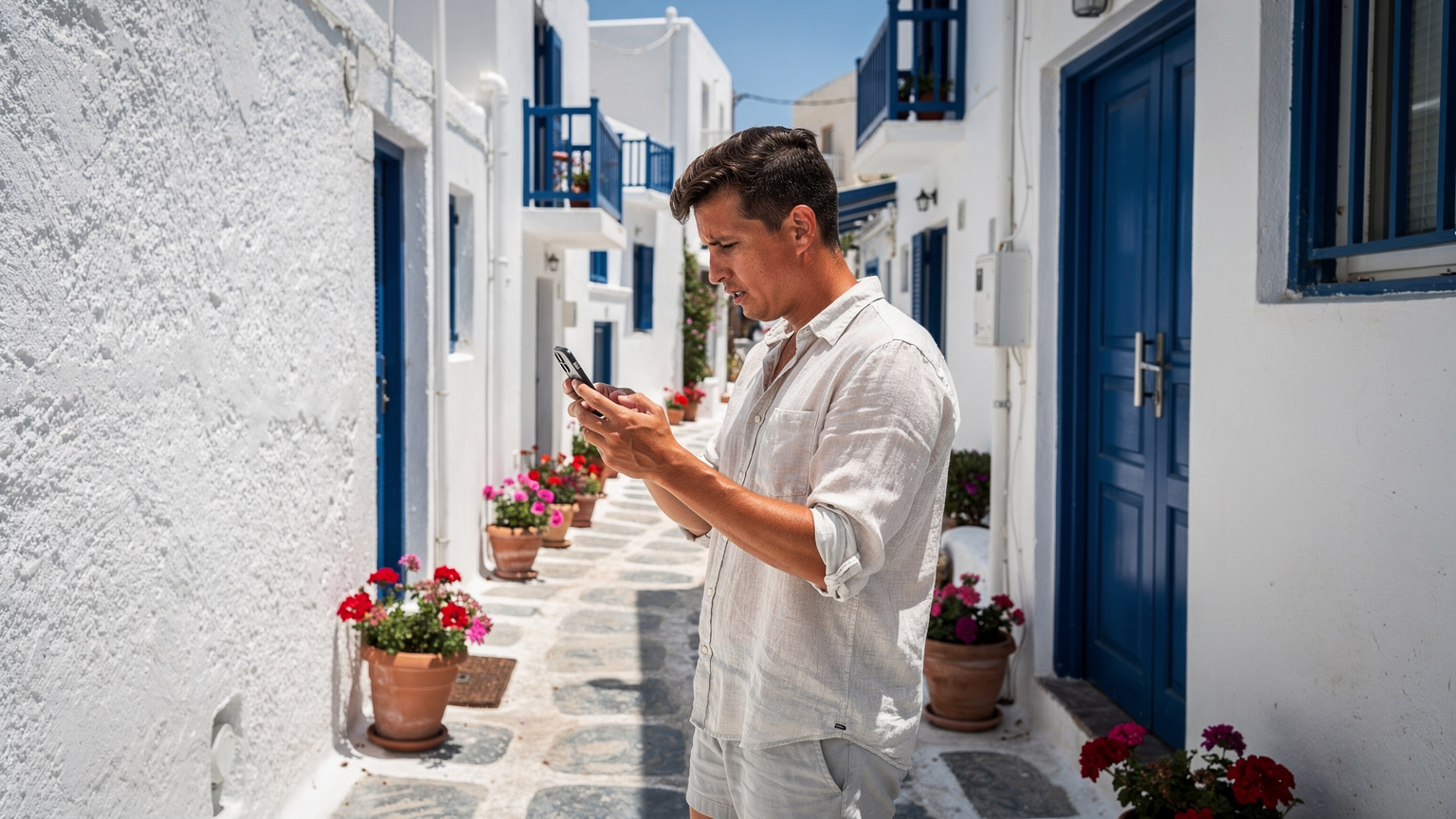 En person står i en smal, vitkalkad gränd på Mykonos, Grekland, och tittar på sin smartphone med en fundersam min, som om de söker efter nätverksinformation eller täckning.