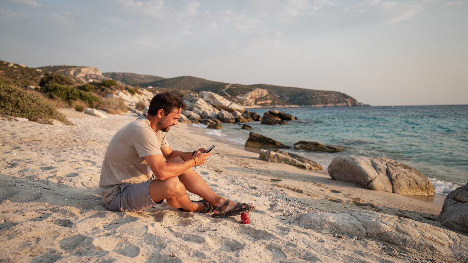 En ensam resenär sitter på en avlägsen strand på en grekisk ö, tittar på sin smartphone med en svag signalindikator, symboliserande utmaningar med täckning på avlägsna platser.