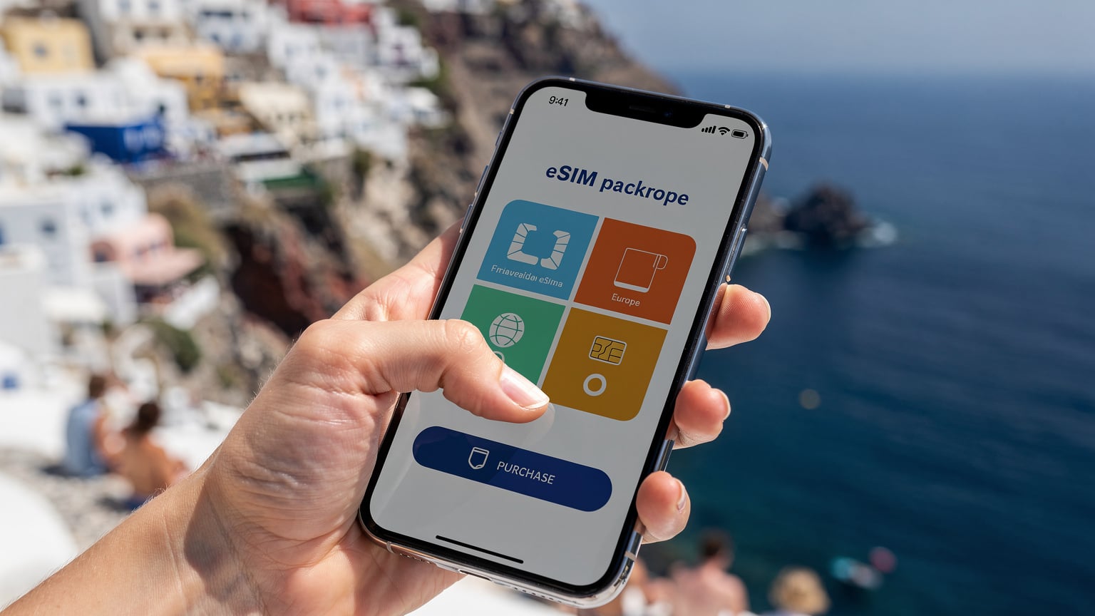 Nærbillede af en dansk hånd, der holder en smartphone med Cellesim-applikationen åben, hvor en oversigt over eSIM-pakker til Europa vises tydeligt. En finger er ved at trykke på en 'Køb nu'-knap. I baggrunden ses sløret en malerisk græsk kystlinje med hvide huse klatrende op ad en klippeside.