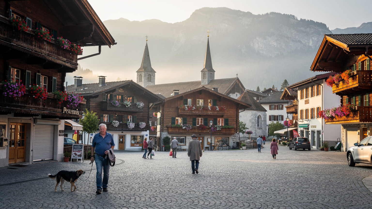 A peaceful and quiet Swiss village square on a calm Sunday morning, with a few locals taking a leisurely stroll and most shops visibly closed, emphasizing the traditional day of rest.