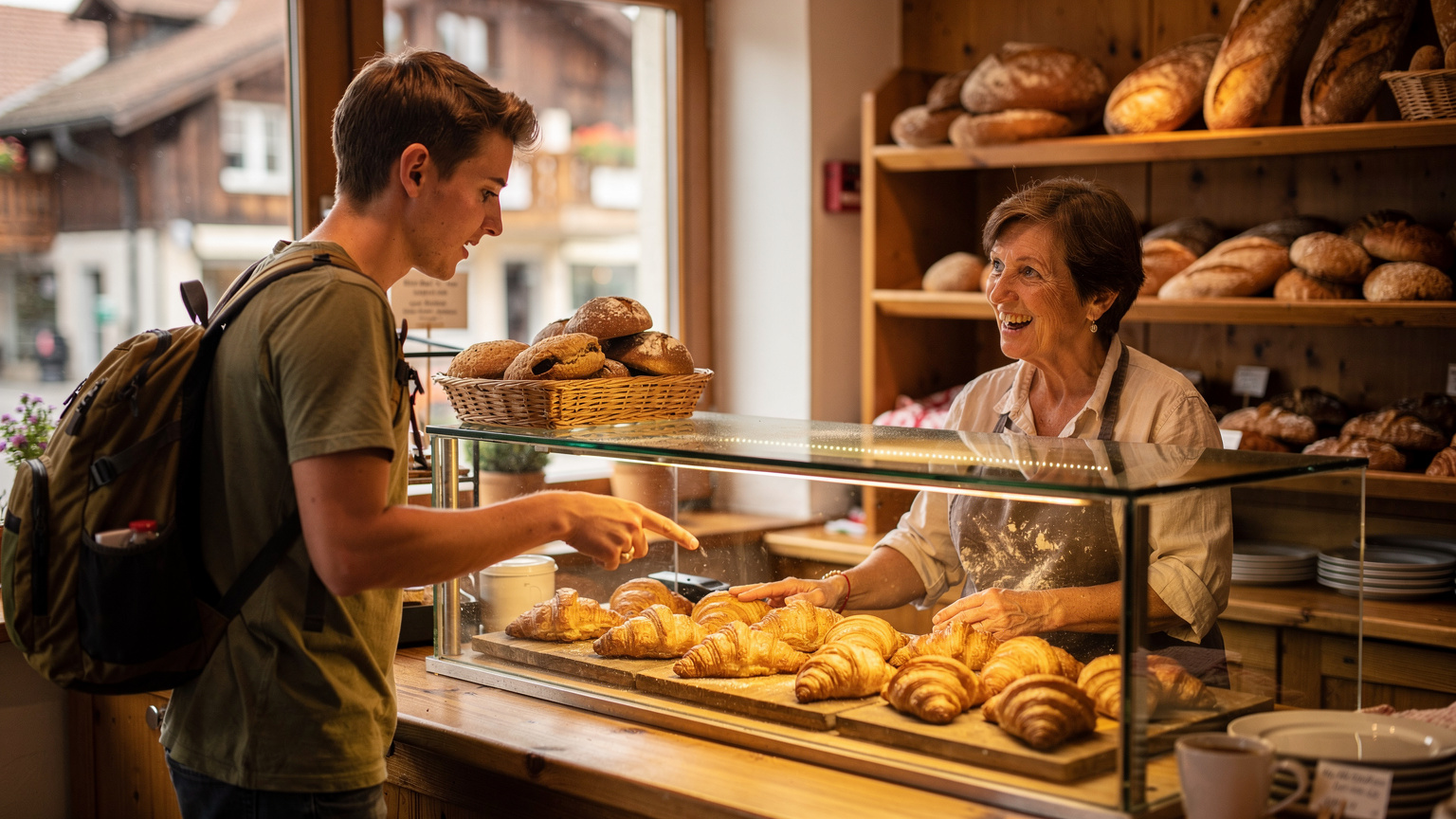 A backpacker in a quaint Swiss bakery in a German-speaking village, gesturing and trying to order a croissant using a few Swiss German phrases, having a friendly interaction with the baker.