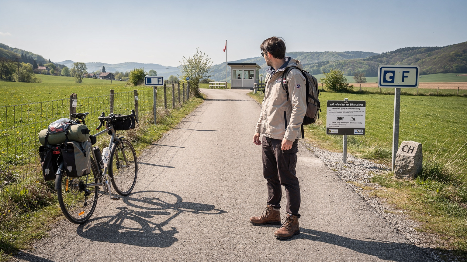 A traveler at a quiet, rural land border crossing between Switzerland and France, looking at a small, informative customs sign about VAT refunds for non-EU visitors, with a bicycle propped nearby.