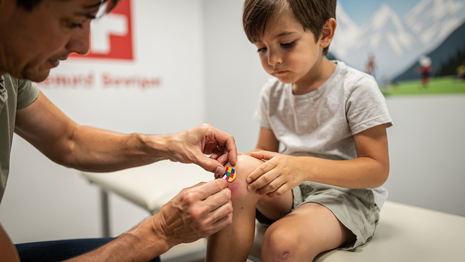 A parent applying a small, colorful plaster to a child's knee at a first aid station within a Swiss theme park, demonstrating preparedness for minor injuries.