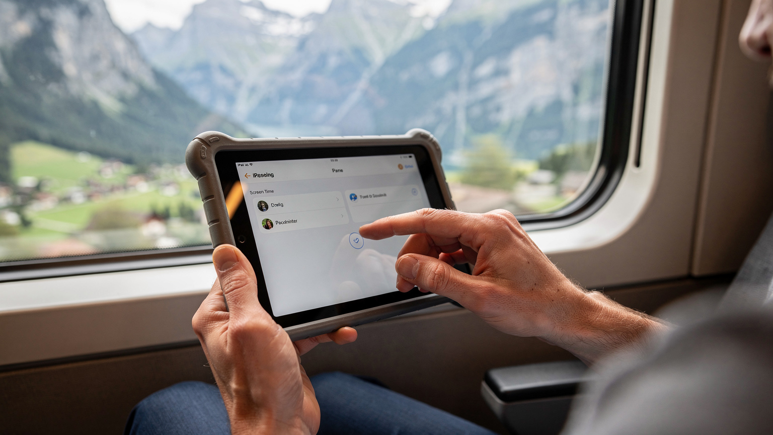 A close-up shot of a parent's hands setting screen time limits on a child's iPad, held in a protective case, against a blurred background of a scenic Swiss train journey.