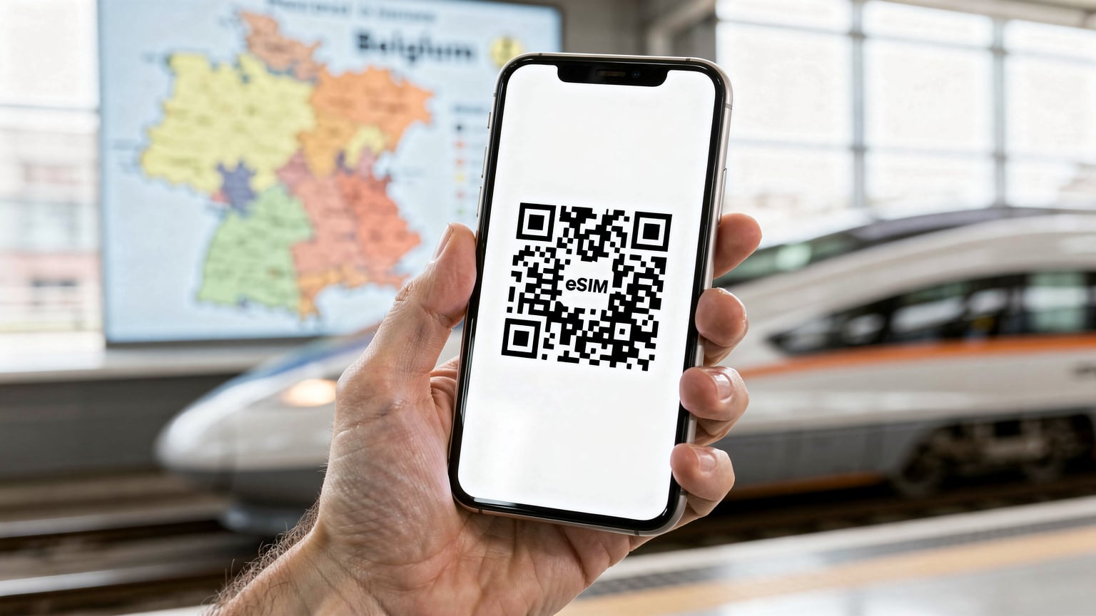 Mână scanând un cod QR de activare eSIM, cu fundal estompat reprezentând o hartă a Belgiei și un tren în mișcare.