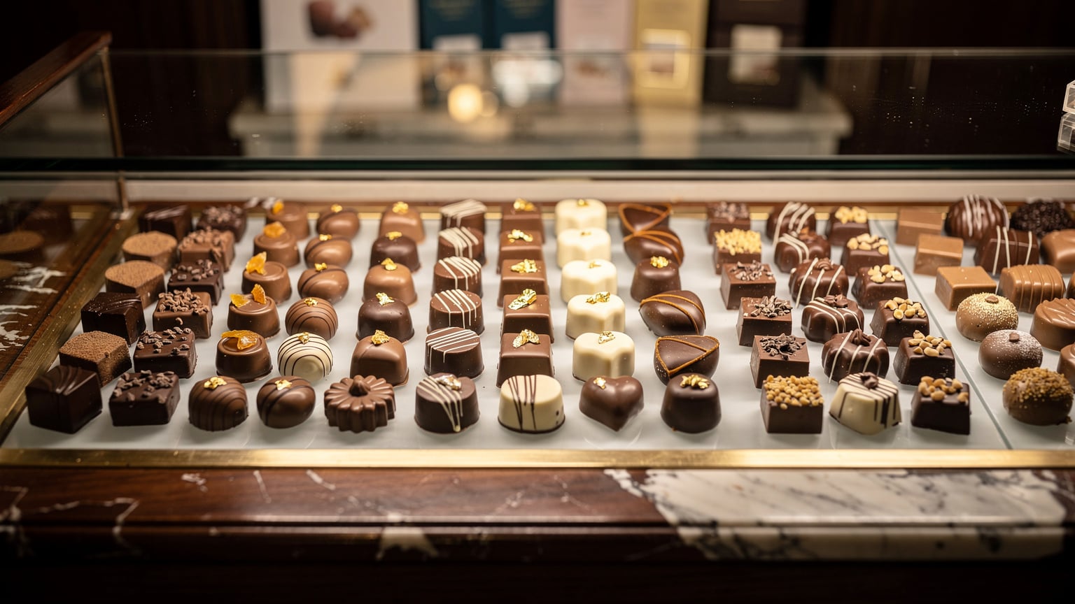 O vitrină artizanală cu praline belgiene asortate, frumos aranjate într-o ciocolaterie mică din cartierul Sablon, Bruxelles.
