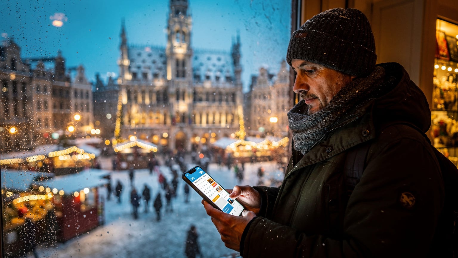Un călător consultă un calendar de evenimente pe telefon, planificând o vizită la un târg de Crăciun în Grand-Place, Bruxelles, iarna.