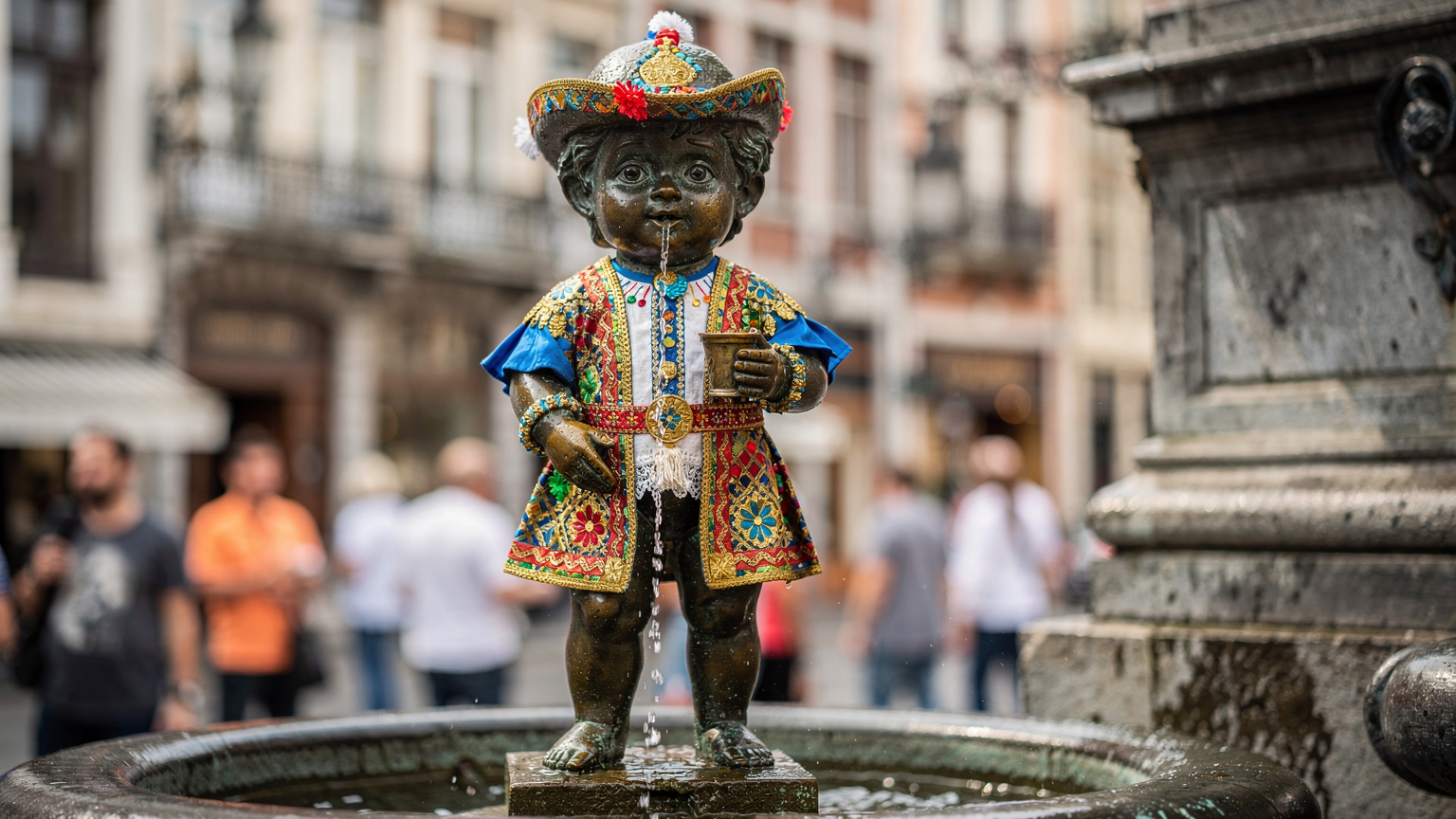 Nahaufnahme des Manneken Pis in Brüssel, das ein farbenfrohes, traditionelles Kostüm trägt, mit Touristen im verschwommenen Hintergrund.