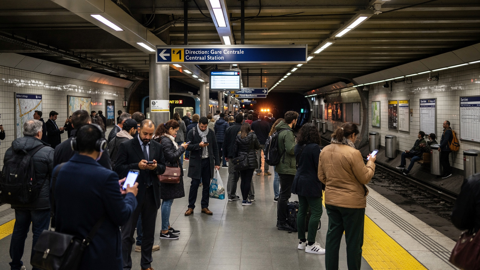 Eine belebte U-Bahn-Station in Brüssel während der Hauptverkehrszeit, mit Reisenden, die auf den Zug warten, und klaren Hinweisschildern.