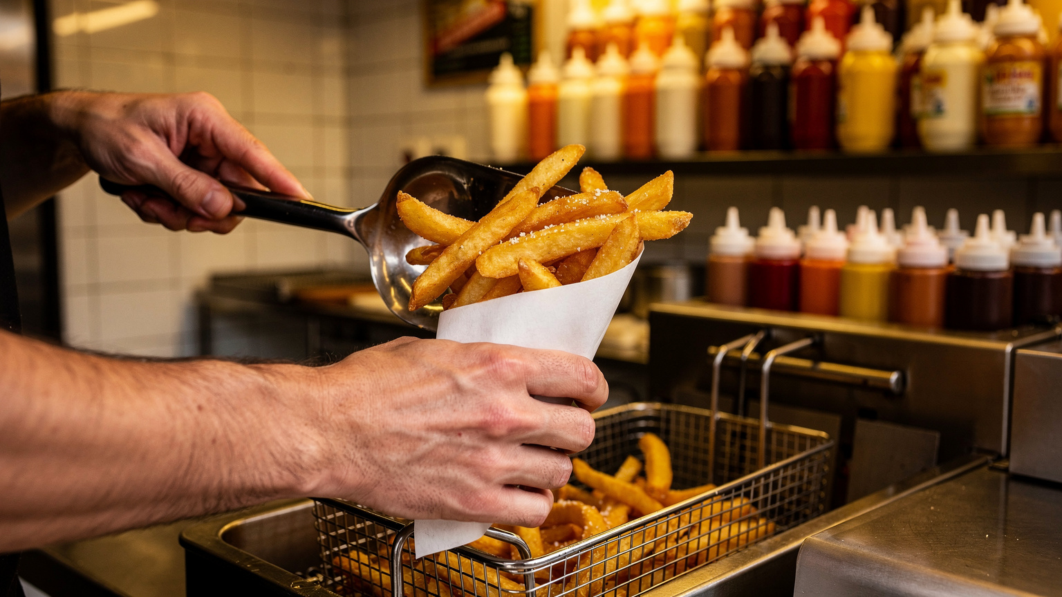 Ein Mann, der in einer Frituur in Brüssel eine große Portion belgischer Pommes Frites in eine Papiertüte füllt, im Hintergrund sind verschiedene Saucen zu sehen.