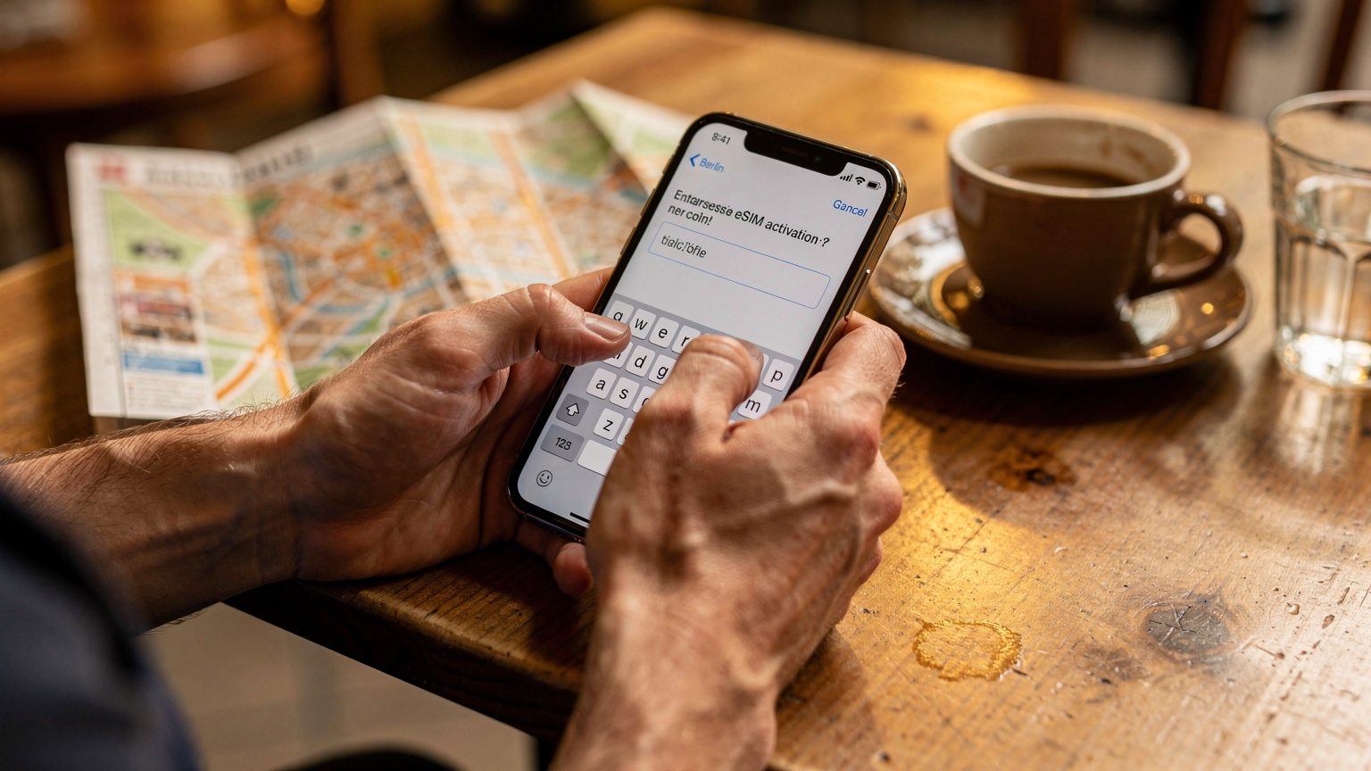 Một đôi tay đang cẩn thận gõ các ký tự vào màn hình iPhone để nhập mã kích hoạt eSIM thủ công, với một bản đồ thành phố Berlin mở trên bàn.