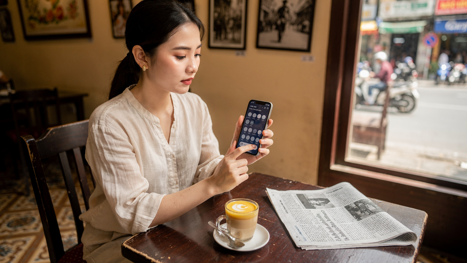 Một phụ nữ trẻ đang ngồi tại một quán cà phê truyền thống ở Hà Nội, Việt Nam, với chiếc iPhone trên bàn, hiển thị màn hình cài đặt eSIM, bên cạnh là một ly cà phê trứng và một tờ báo.