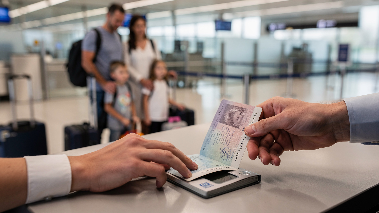 Un agente de aduanas examina un pasaporte en un mostrador del aeropuerto, con una familia detrás esperando para pasar el control.