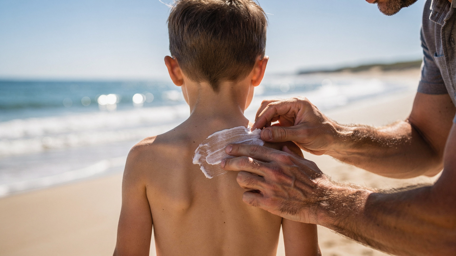 Manos de un padre aplicando protector solar a la espalda de su hijo en una playa soleada, con el océano de fondo.