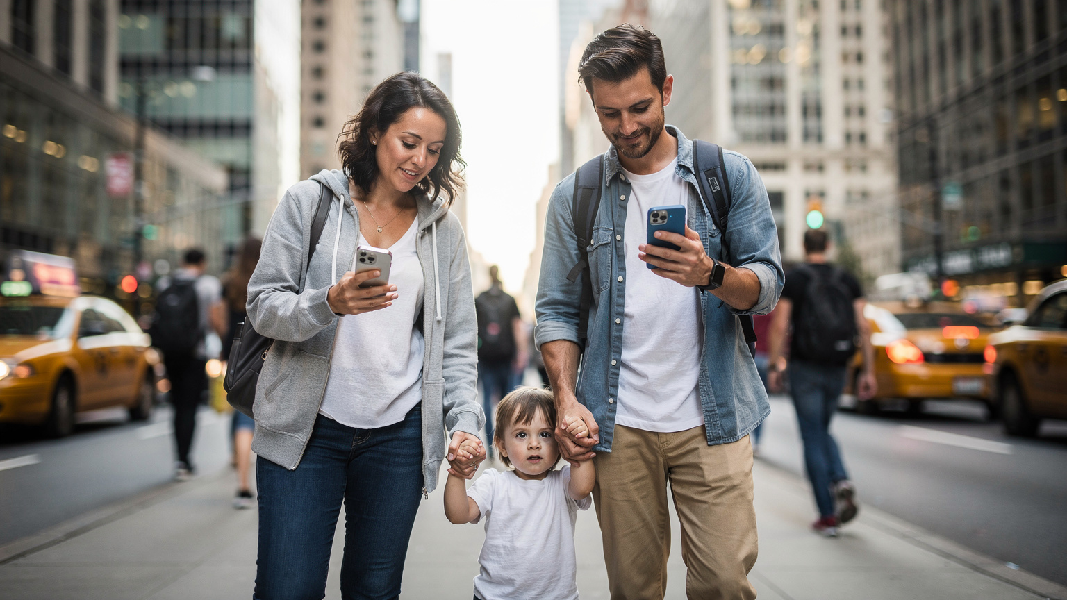 Una familia joven, con un niño pequeño, está consultando un mapa digital en un teléfono mientras caminan por una calle bulliciosa de una ciudad estadounidense, con rascacielos de fondo.