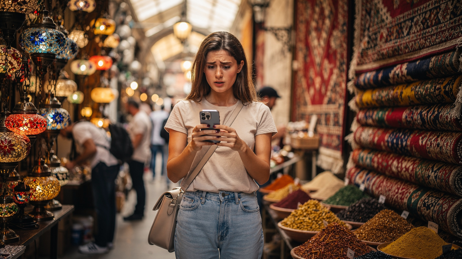 O turistă cu un iPhone 15 în mână, verificând harta într-un coridor aglomerat al Marelui Bazar din Istanbul, cu tarabe pline de produse tradiționale în fundal.