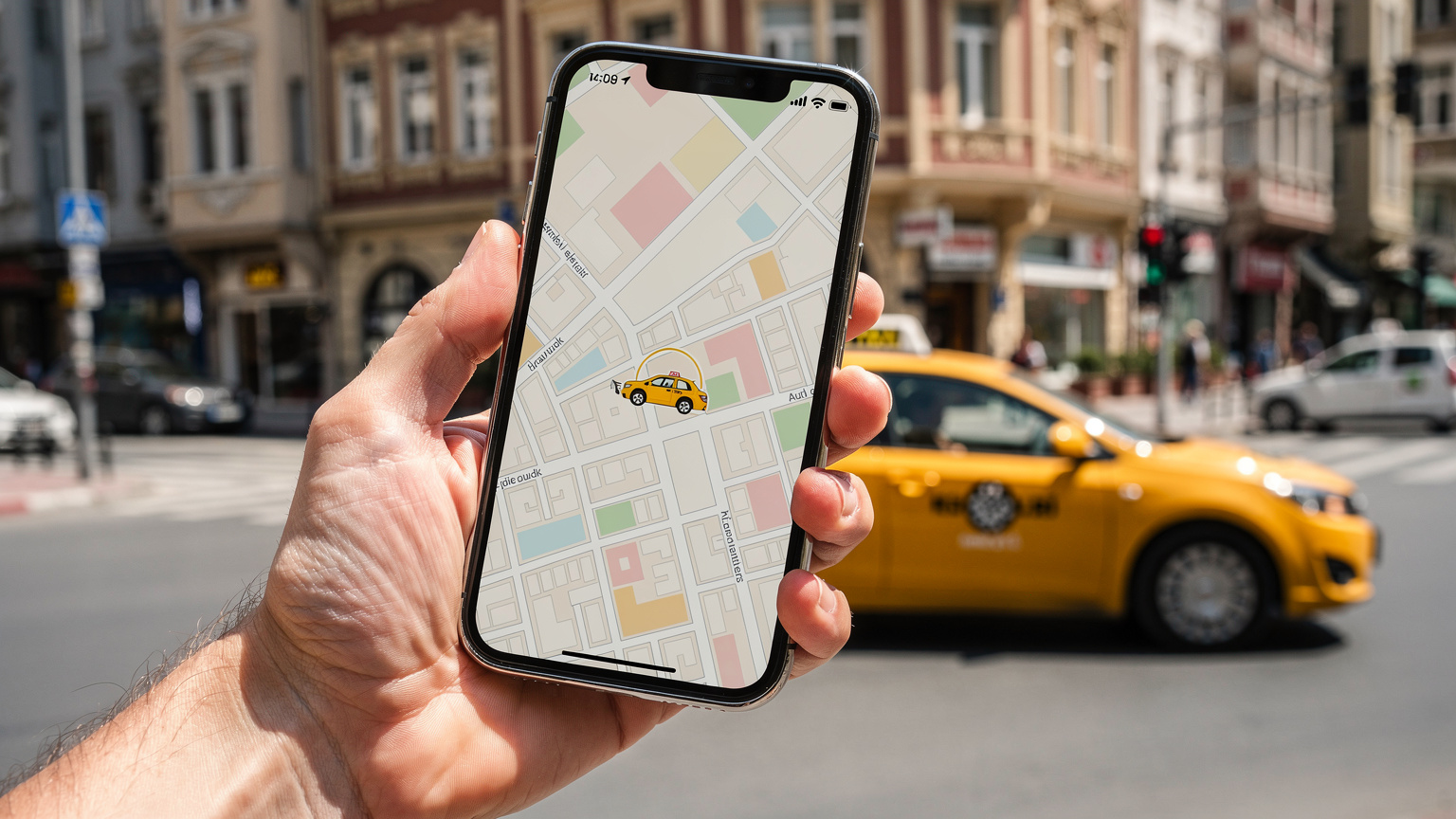 O mână care ține un iPhone 15 deschis pe aplicația de comandat taxi BiTaksi, cu un taxi galben din Istanbul vizibil în fundal, așteptând la o intersecție aglomerată.
